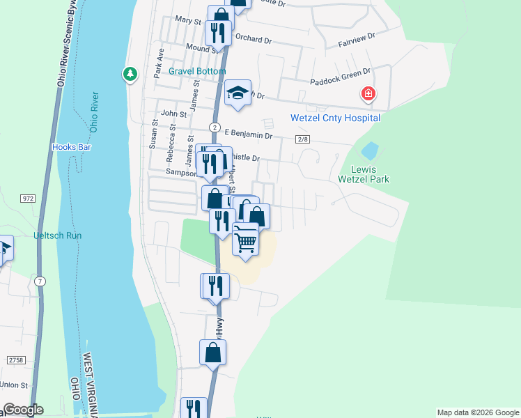 map of restaurants, bars, coffee shops, grocery stores, and more near 25 AAA Trailer Court in New Martinsville