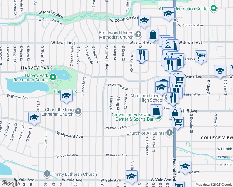 map of restaurants, bars, coffee shops, grocery stores, and more near 2245 South King Street in Denver
