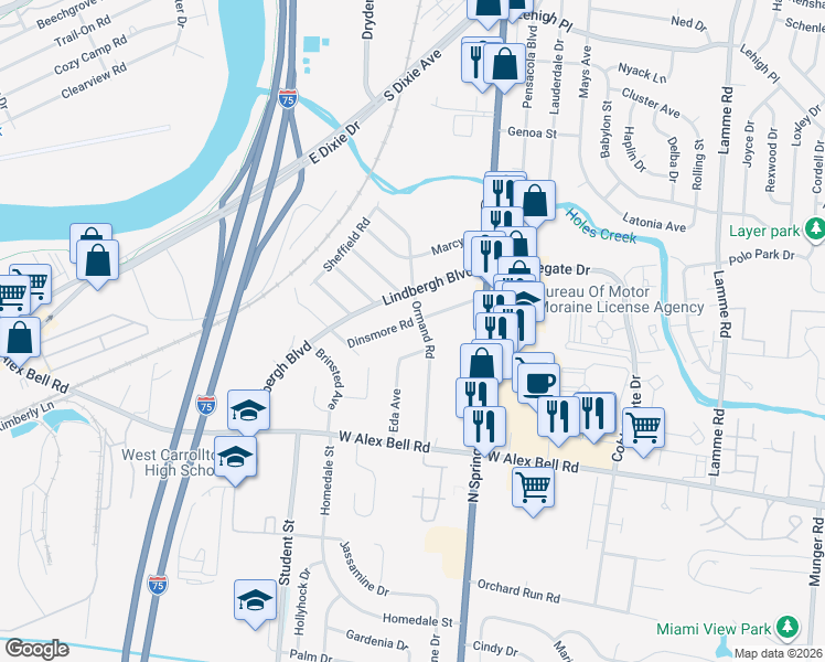 map of restaurants, bars, coffee shops, grocery stores, and more near 5239 Eda Avenue in Dayton