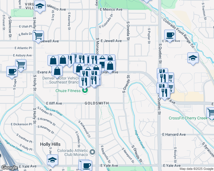 map of restaurants, bars, coffee shops, grocery stores, and more near 2180 South Monaco Parkway in Denver