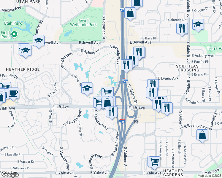 map of restaurants, bars, coffee shops, grocery stores, and more near 2175 South Xanadu Way in Aurora