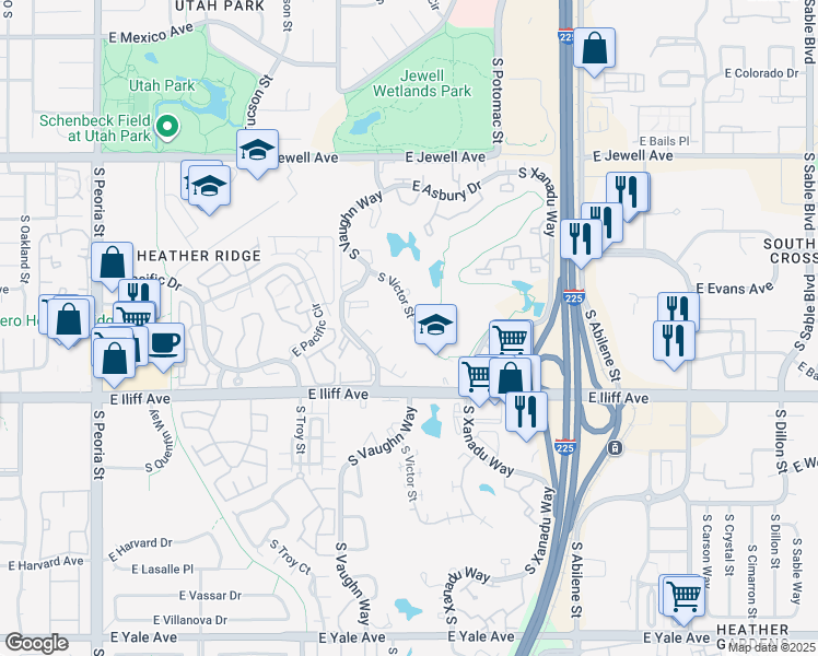 map of restaurants, bars, coffee shops, grocery stores, and more near 2191 South Victor Street in Aurora