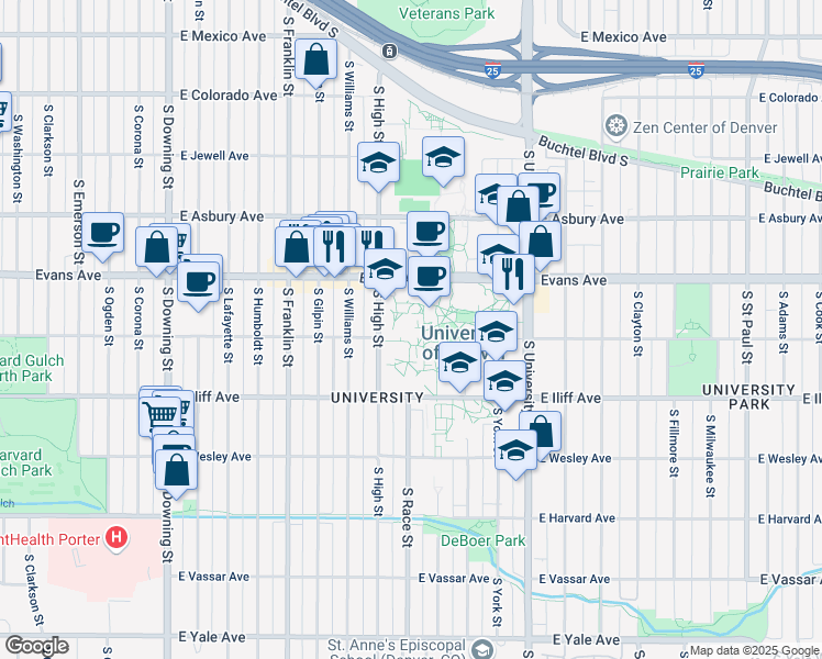 map of restaurants, bars, coffee shops, grocery stores, and more near in Denver
