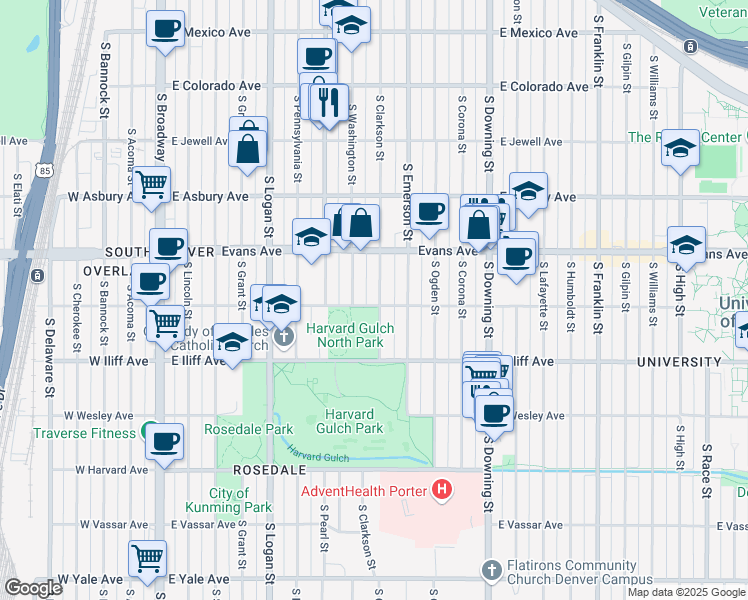 map of restaurants, bars, coffee shops, grocery stores, and more near 2196 South Washington Street in Denver