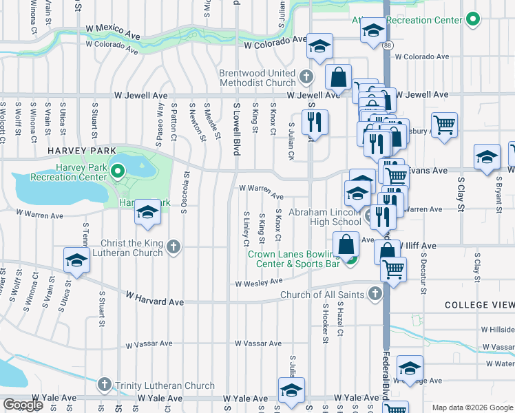 map of restaurants, bars, coffee shops, grocery stores, and more near 2245 South King Street in Denver
