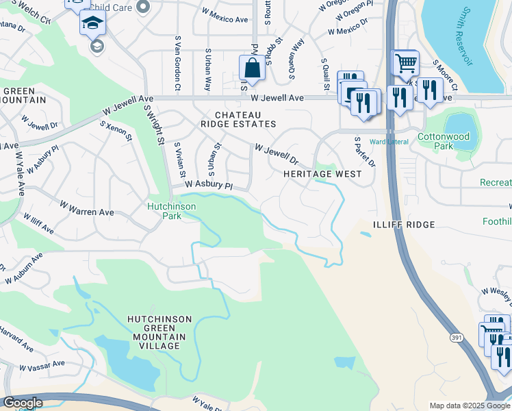 map of restaurants, bars, coffee shops, grocery stores, and more near 11672 West Asbury Place in Lakewood