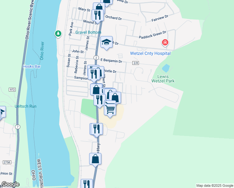 map of restaurants, bars, coffee shops, grocery stores, and more near 25 AAA Trailer Court in New Martinsville