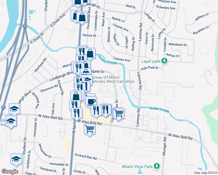 map of restaurants, bars, coffee shops, grocery stores, and more near 5281 Cobblegate Drive in Moraine