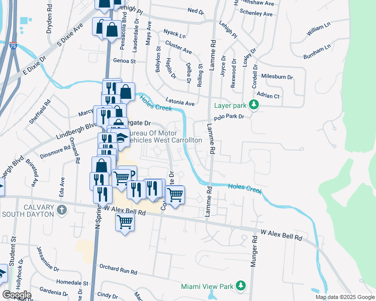 map of restaurants, bars, coffee shops, grocery stores, and more near 5231 Belle Isle Drive in Dayton