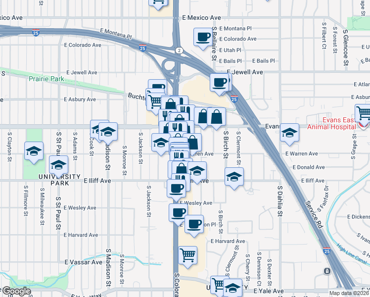 map of restaurants, bars, coffee shops, grocery stores, and more near 2180 South Colorado Boulevard in Denver