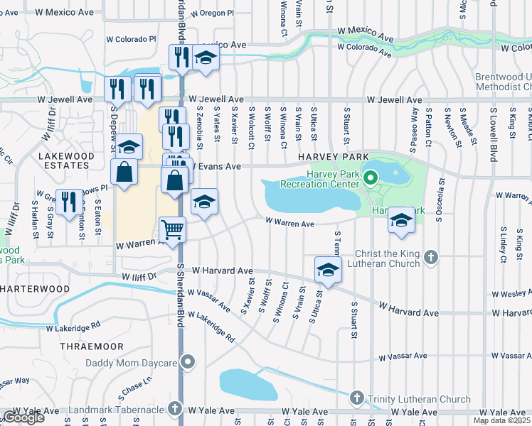 map of restaurants, bars, coffee shops, grocery stores, and more near 4800 West Warren Avenue in Denver