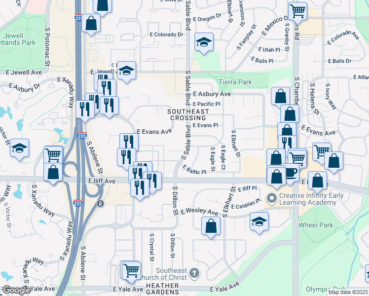 map of restaurants, bars, coffee shops, grocery stores, and more near 14476 East Warren Place in Aurora