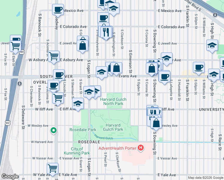 map of restaurants, bars, coffee shops, grocery stores, and more near 2196 South Washington Street in Denver