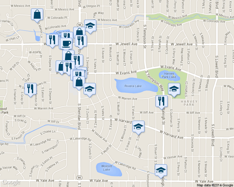 map of restaurants, bars, coffee shops, grocery stores, and more near 4800 West Warren Avenue in Denver