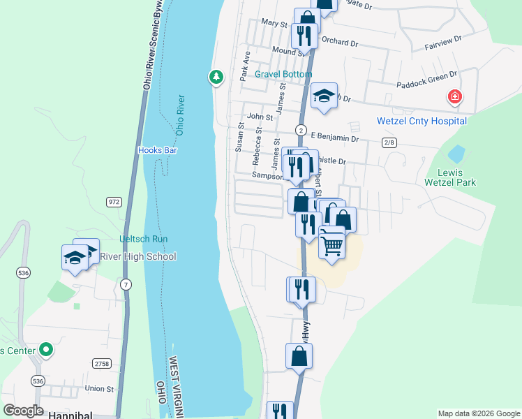 map of restaurants, bars, coffee shops, grocery stores, and more near 64W Aaa Trailer Court in New Martinsville