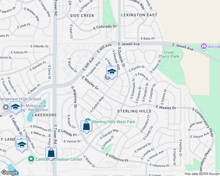 map of restaurants, bars, coffee shops, grocery stores, and more near 24733 East Iliff Place in Aurora
