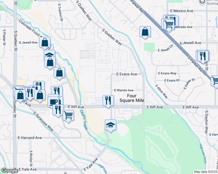 map of restaurants, bars, coffee shops, grocery stores, and more near 2206 South Wabash Street in Denver
