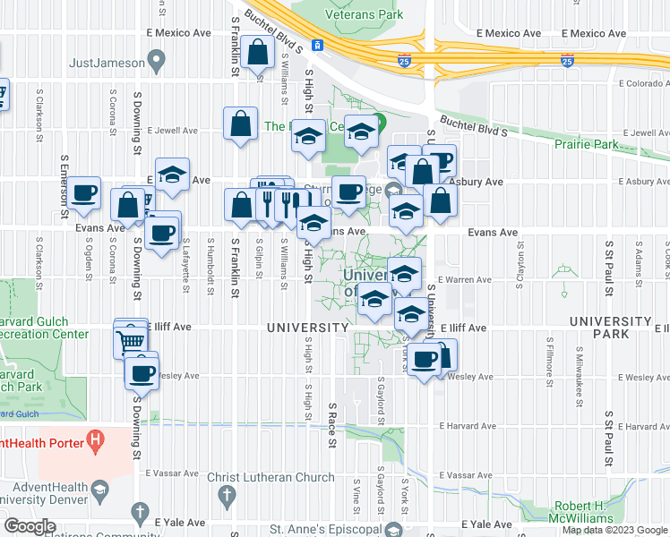 map of restaurants, bars, coffee shops, grocery stores, and more near 2194 South High Street in Denver