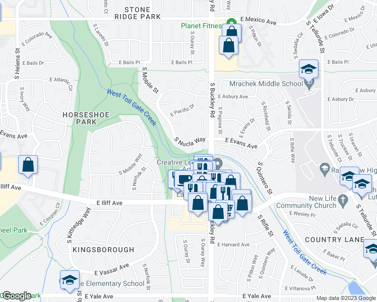 map of restaurants, bars, coffee shops, grocery stores, and more near 2155 South Nucla Way in Aurora