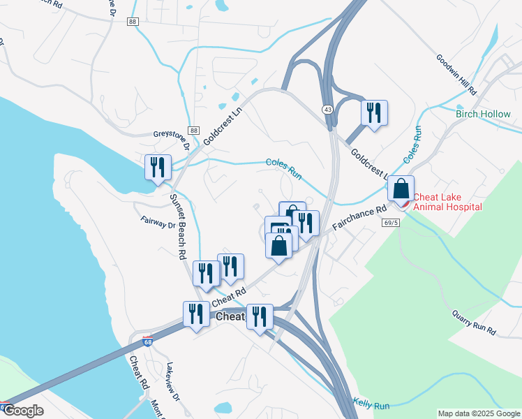 map of restaurants, bars, coffee shops, grocery stores, and more near 594 Beaumont Dr in Morgantown