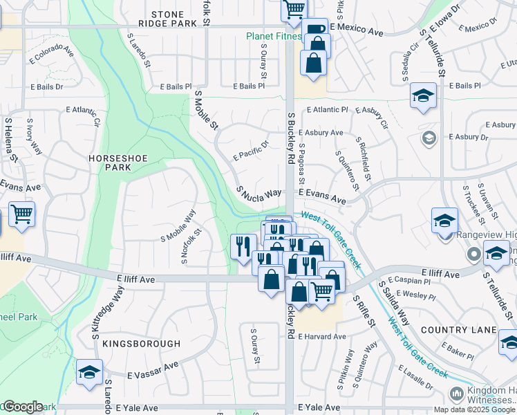 map of restaurants, bars, coffee shops, grocery stores, and more near 2155 South Nucla Way in Aurora