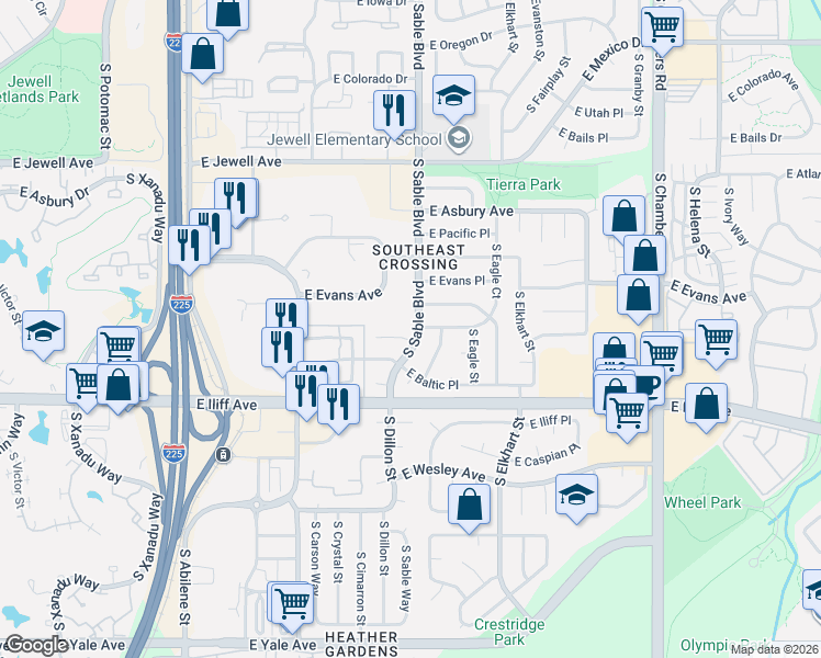 map of restaurants, bars, coffee shops, grocery stores, and more near 14303 East Warren Place in Aurora