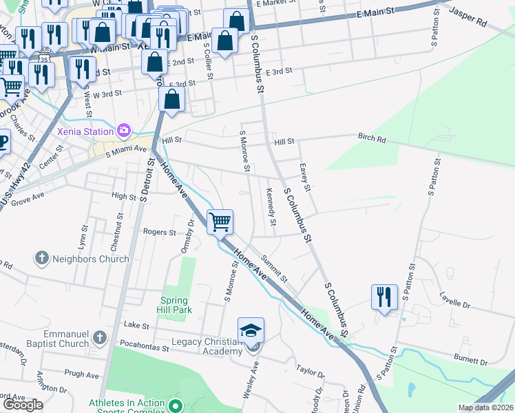 map of restaurants, bars, coffee shops, grocery stores, and more near 660 South Monroe Street in Xenia