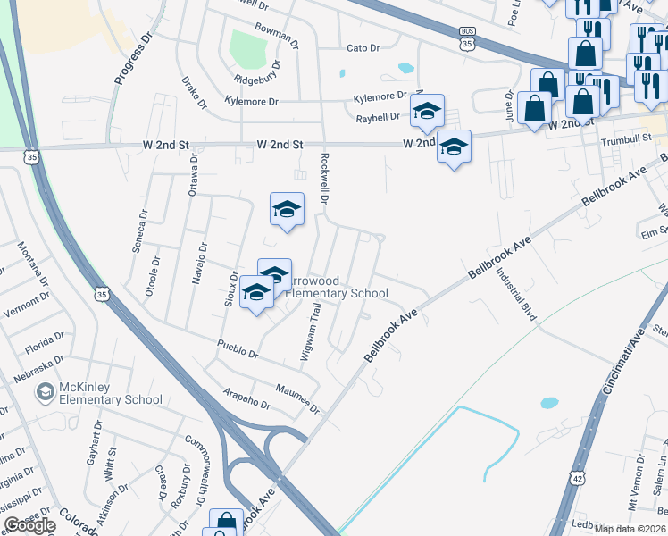 map of restaurants, bars, coffee shops, grocery stores, and more near 1490 Arrowhead Trail in Xenia