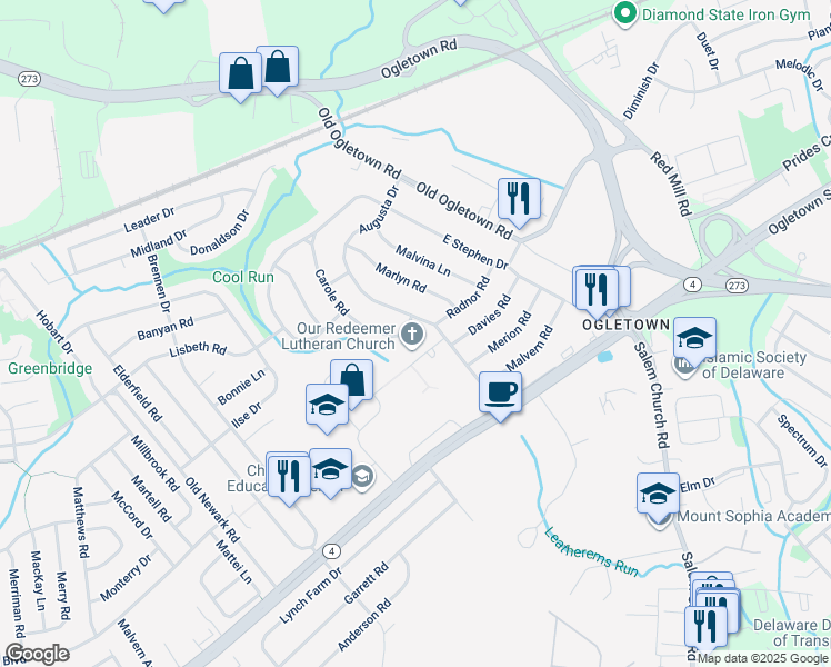map of restaurants, bars, coffee shops, grocery stores, and more near 9 Johnson Road in Newark