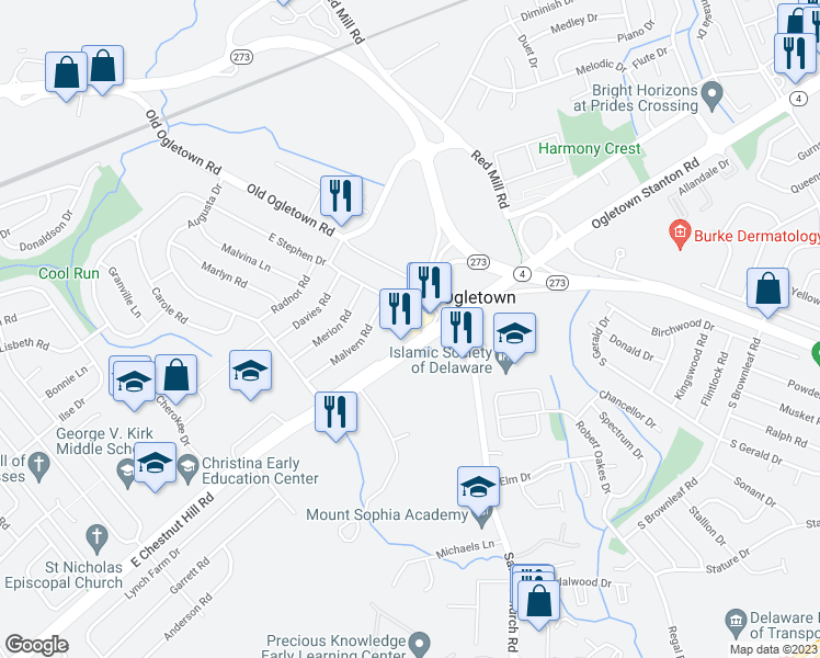 map of restaurants, bars, coffee shops, grocery stores, and more near 750 East Chestnut Hill Road in Newark