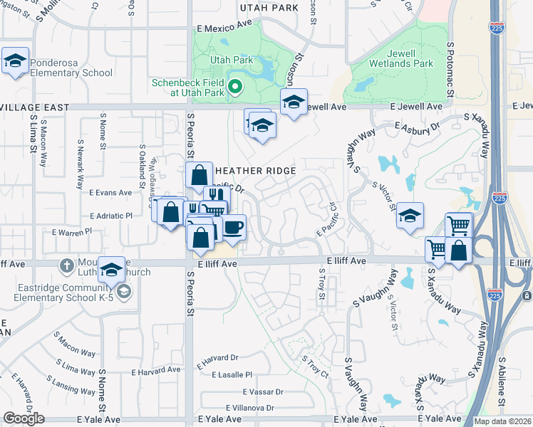 map of restaurants, bars, coffee shops, grocery stores, and more near 12420 East Pacific Circle in Aurora