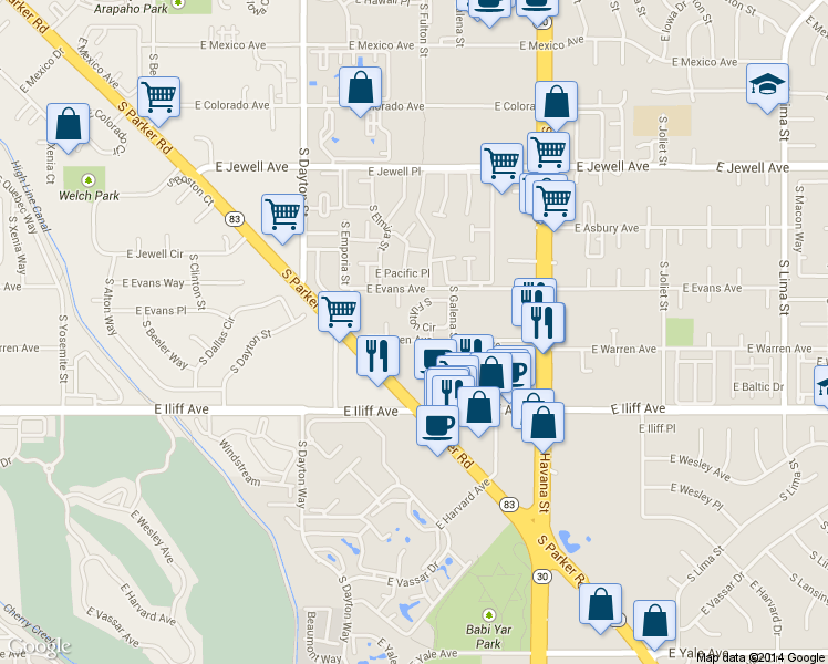 map of restaurants, bars, coffee shops, grocery stores, and more near 2260 South Parker Road in Aurora