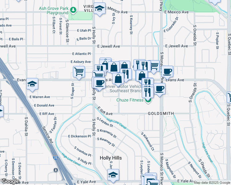 map of restaurants, bars, coffee shops, grocery stores, and more near 115 East Warren Avenue in Denver