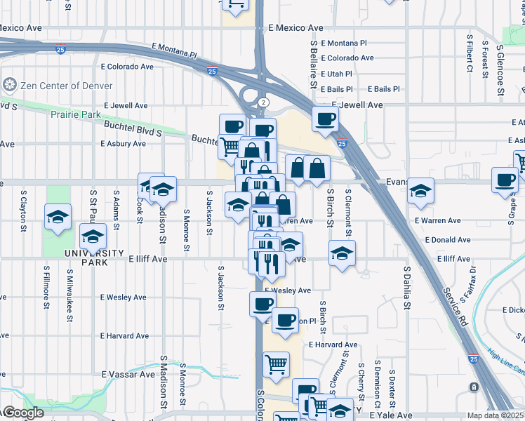 map of restaurants, bars, coffee shops, grocery stores, and more near 4030 East Warren Avenue in Denver