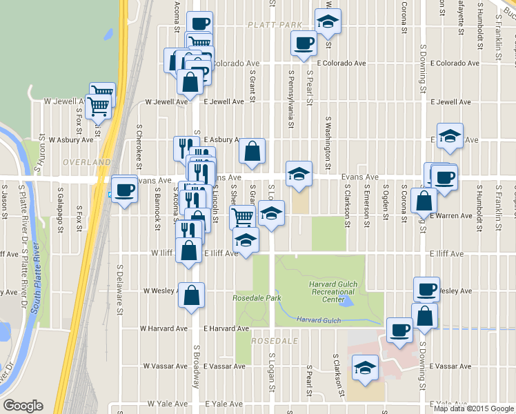 map of restaurants, bars, coffee shops, grocery stores, and more near 2210 South Grant Street in Denver