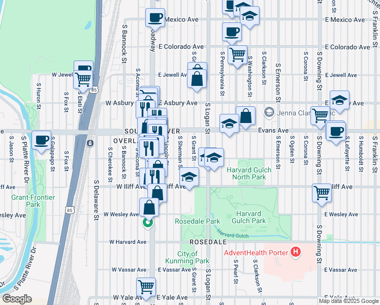 map of restaurants, bars, coffee shops, grocery stores, and more near 2210 South Sherman Street in Denver