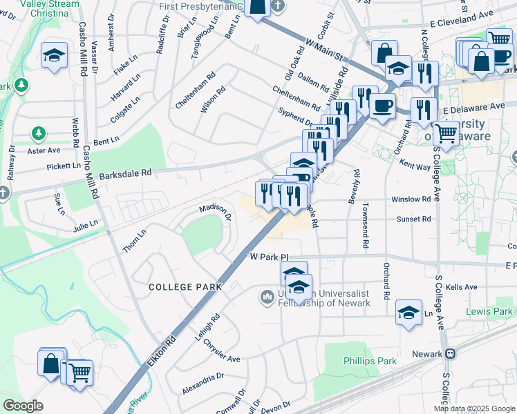 map of restaurants, bars, coffee shops, grocery stores, and more near 260 South Main Street in Newark