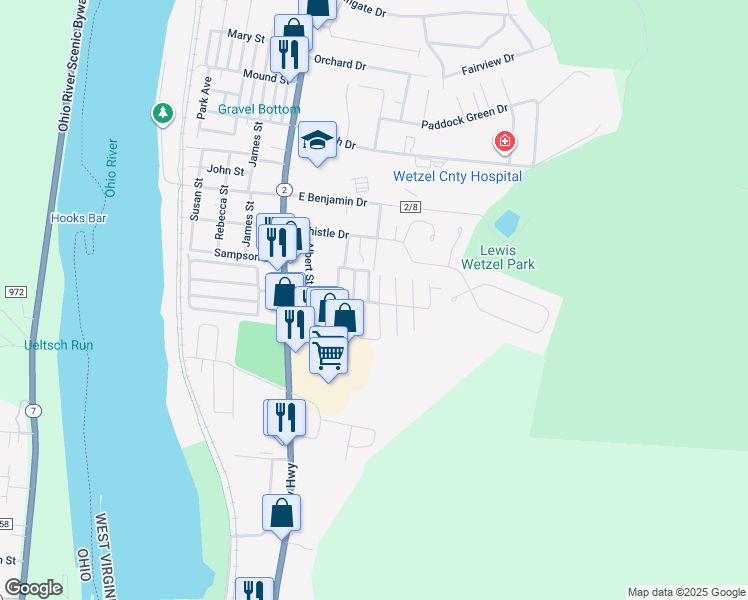 map of restaurants, bars, coffee shops, grocery stores, and more near 25 AAA Trailer Court in New Martinsville