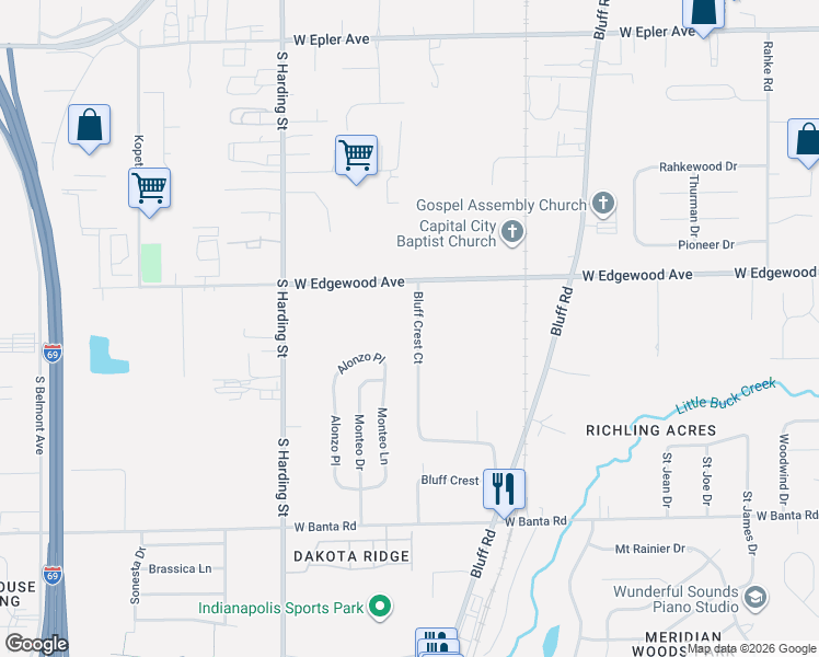 map of restaurants, bars, coffee shops, grocery stores, and more near 6108 Bluff Crest Court in Indianapolis