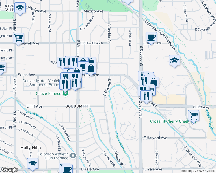 map of restaurants, bars, coffee shops, grocery stores, and more near 2121 South Oneida Street in Denver