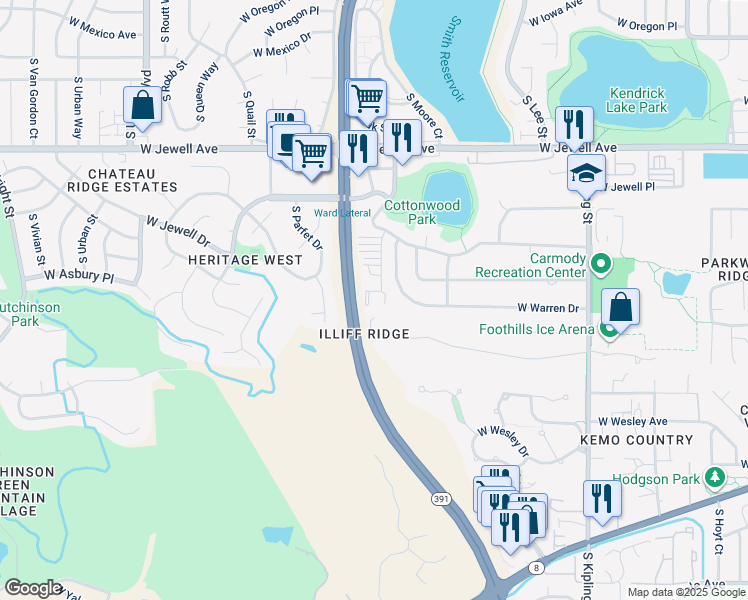 map of restaurants, bars, coffee shops, grocery stores, and more near 10890 West Evans Avenue in Lakewood