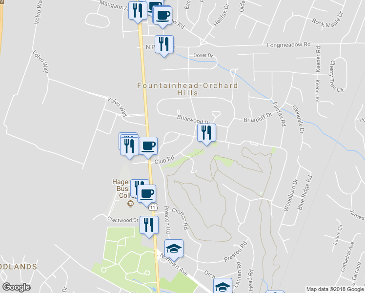 map of restaurants, bars, coffee shops, grocery stores, and more near 13232 Club Road in Hagerstown