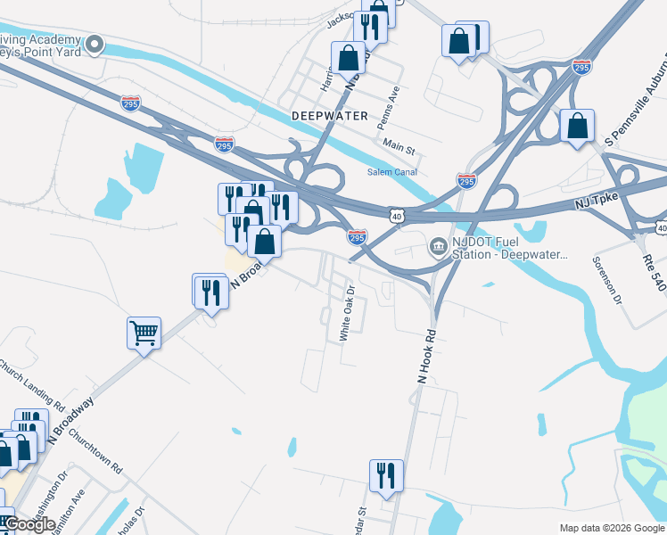 map of restaurants, bars, coffee shops, grocery stores, and more near 103 Dennis Drive in Pennsville