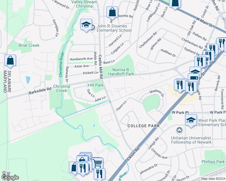 map of restaurants, bars, coffee shops, grocery stores, and more near 1107 Blair Court in Newark