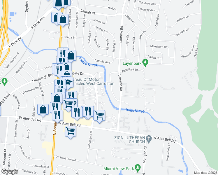 map of restaurants, bars, coffee shops, grocery stores, and more near 5213 Belle Isle Drive in Dayton