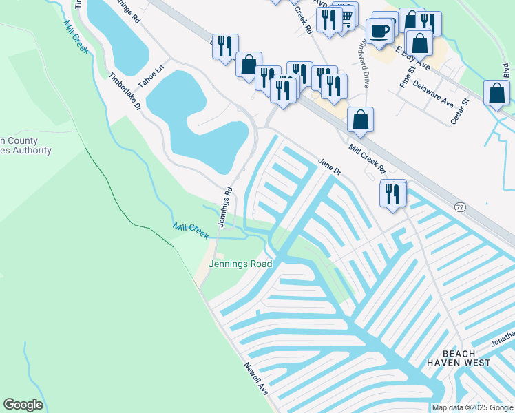 map of restaurants, bars, coffee shops, grocery stores, and more near 157 Rodman Drive in Stafford Township
