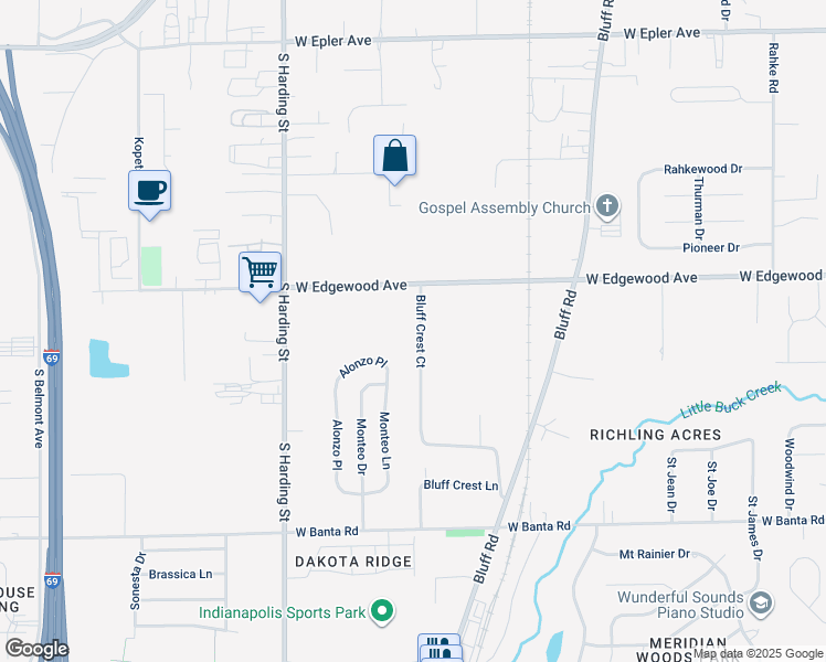 map of restaurants, bars, coffee shops, grocery stores, and more near 6108 Bluff Crest Court in Indianapolis