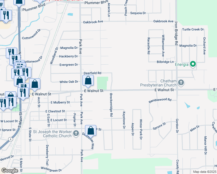 map of restaurants, bars, coffee shops, grocery stores, and more near 301 Breckenridge Road in Chatham