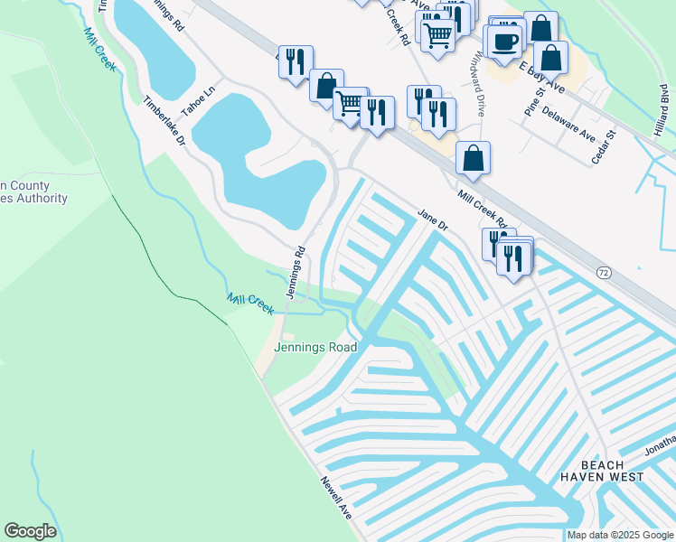 map of restaurants, bars, coffee shops, grocery stores, and more near 157 Rodman Drive in Stafford Township