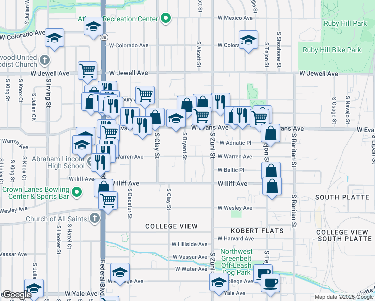 map of restaurants, bars, coffee shops, grocery stores, and more near 2180 South Bryant Street in Denver